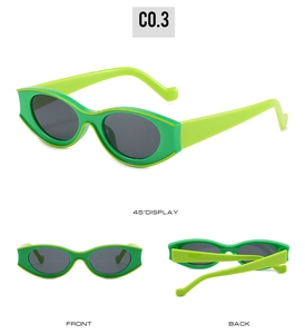 Three-angle view of oval fluorescent green sunglasses showing front, back, and 45-degree angle