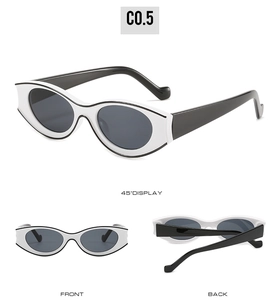 Three-angle views of white oval sunglasses with black temples and grey lenses