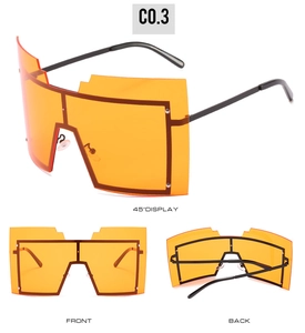 Trois vues de lunettes de soleil masque orange avec bords de verres géométriques découpés