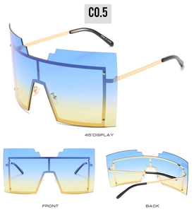 Détails des lunettes de soleil futuristes oversize avec verres dégradés bleu-jaune et monture dorée