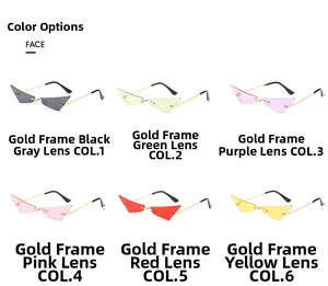 Détail de lunettes de soleil œil de chat montrant six couleurs de verres et métal doré