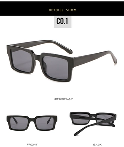 Vues détaillées des lunettes de soleil carrées noires montrant les angles avant et arrière