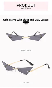 Vue détaillée de lunettes de soleil œil de chat dorées avec verres gris foncé sous deux angles