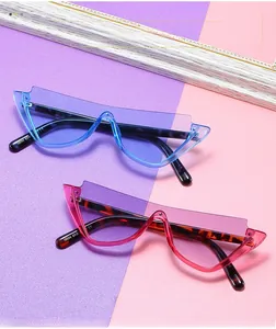 Détail des lunettes de soleil œil de chat avec montures bleues et roses et branches écaille