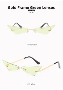 Vue détaillée de lunettes de soleil œil de chat sans monture avec verres verts et branches dorées