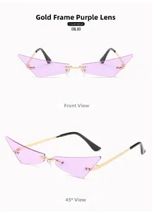 Vues détaillées de lunettes de soleil œil de chat sans monture avec verres violets et métal doré