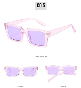 Vues détaillées de lunettes de soleil carrées roses montrant l'avant, l'arrière et l'angle