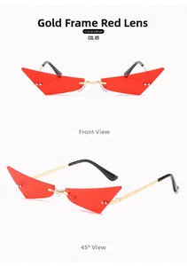 Vues de face et de côté à 45 degrés de lunettes de soleil œil de chat dorées et rouges