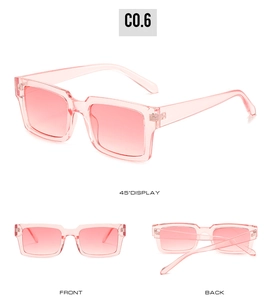 Lunettes de soleil rectangulaires roses transparentes, vues de face, arrière et côté