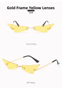 Vues de face et à 45 degrés des lunettes de soleil triangle dorées avec verres jaunes