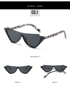 Vue en trois dimensions de lunettes de soleil œil-de-chat noires avec branches marbrées