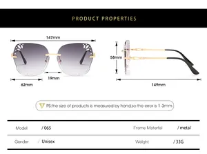Detailed size chart for rimless square sunglasses featuring 147mm frame and metal arms