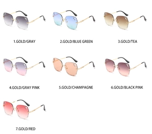 Detail of rimless square sunglasses with rhinestone floral accents in various gradient tints