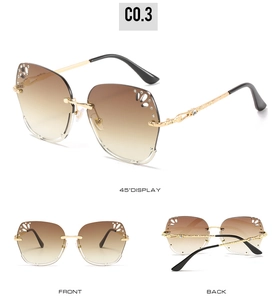 Detail of gradient lenses with butterfly cutout patterns and gold floral metal temples