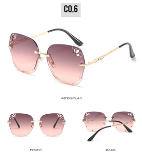 Detail view of rimless gradient sunglasses featuring floral cut-outs and rhinestones
