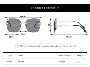 Detailed size chart of rimless sunglasses with dimensions and pink rhinestone detail