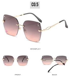 Three views of rimless gradient sunglasses with rhinestones and gold metal temples