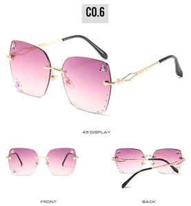 Three-view display of rimless diamond sunglasses with gradient pink lenses and gold temples