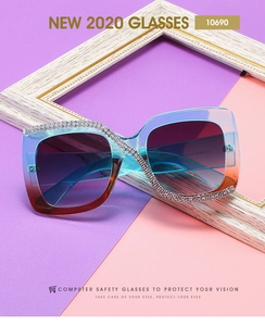 Detail showing hand-set rhinestones on square frame sunglasses with gradient lenses