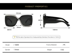 Size chart showing 151mm width and details for oversized square rhinestone sunglasses