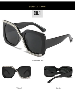 Detailed views of square black sunglasses with diagonal rhinestone accents on the frame