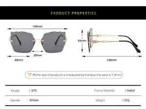 Size chart for rimless sunglasses showing 149mm width and metal frame specifications