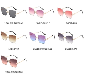 Detail of rimless sunglasses collection featuring colorful irregular wave-cut lenses
