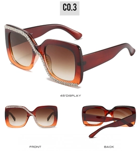 Multiple views showing crystal-studded square gradient red and orange sunglasses