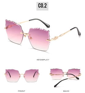 Purple gradient rimless sunglasses with wave textures and gold metal temples
