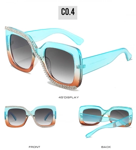 Detail view of square rhinestone sunglasses with blue-orange gradient frames from multiple angles