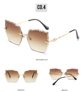 Three-angle view of rimless sunglasses with wave-edge brown gradient lenses and gold temples