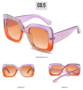 Detailed views of purple-orange gradient oversized sunglasses with dense rhinestone accents