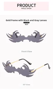 Vue de face et de profil de lunettes de soleil flamme avec monture dorée et verres gris