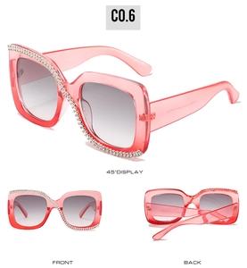 Detailed views of square rhinestone sunglasses with pink gradient frames and UV400 lenses