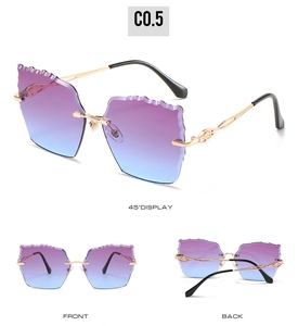 Three views of rimless sunglasses with purple gradient scalloped lenses and metal temples