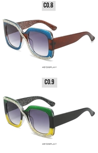 45-degree view of square oversized sunglasses featuring multi-row crystal rhinestones
