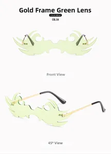 Détails des lunettes de soleil sans monture en forme de flamme avec monture dorée et verres verts