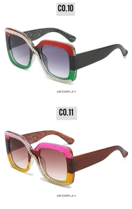 Detailed 45-degree view of square rhinestone sunglasses with colorful frames