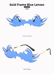 Vue détaillée des verres bleus en forme de flamme avec monture dorée, face et profil