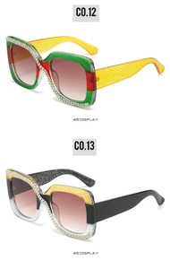 Detailed 45-degree view of square rhinestone sunglasses in multicolor glitter frames