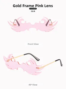 Vues de face et à 45 degrés de lunettes de soleil sans monture en forme de flamme rose et or