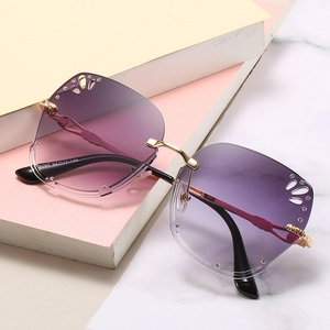 Frameless square sunglasses for women with purple gradient lenses and hollow floral pattern