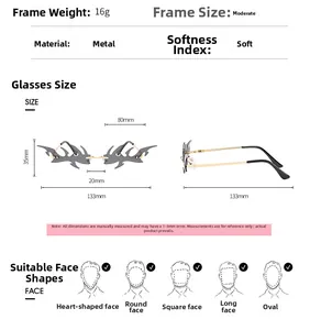 Detailed size chart for frameless punk sunglasses with metal frame and dimensions