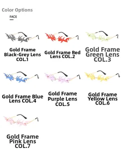 Detailed grid view of seven colors of rimless flame-shaped punk sunglasses with gold temples