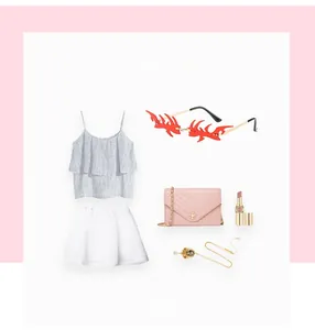Fashionable red flame rimless sunglasses paired with stylish summer outfit and accessories