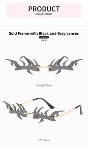 Detail of rimless flame-shaped sunglasses with gold metal frames and dark gray lenses