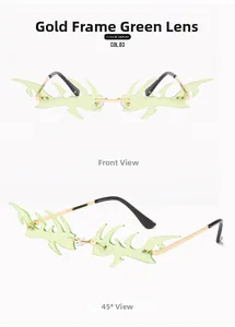 Detail of rimless fire shape sunglasses with gold metal frame and green lenses