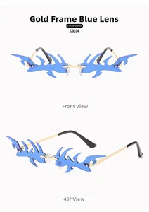 Detail of gold frame blue lens flame sunglasses showing front and side profile views