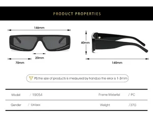 Detailed size chart for square rhinestone sunglasses showing dimensions and PC frame specs