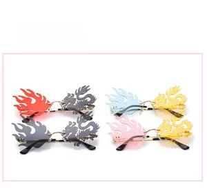 Detailed macro view of rimless flame-shaped sunglasses in diverse vibrant color options